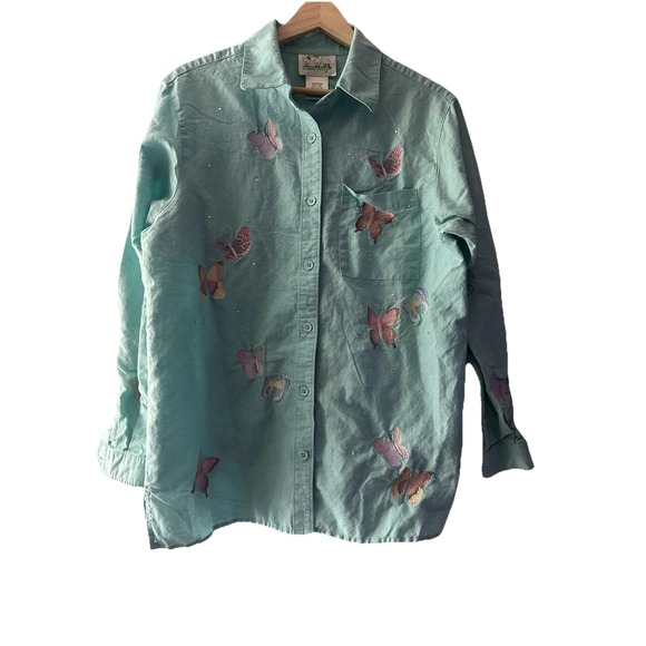 Vtg Quacker Factory Button Up Top Sz M Linen Butterfly Embroidered Fairycore - Picture 1 of 6